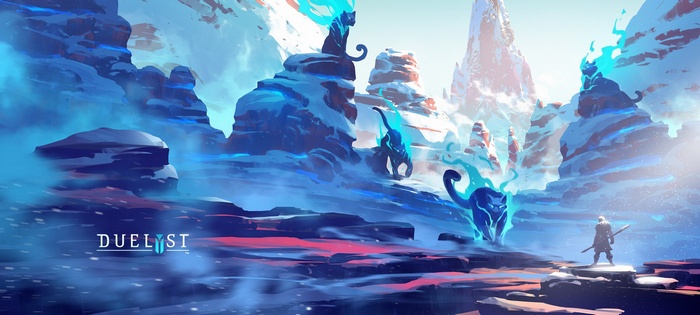 Duelyst artwork of a warrior facing spirit cats in a snowy landscape