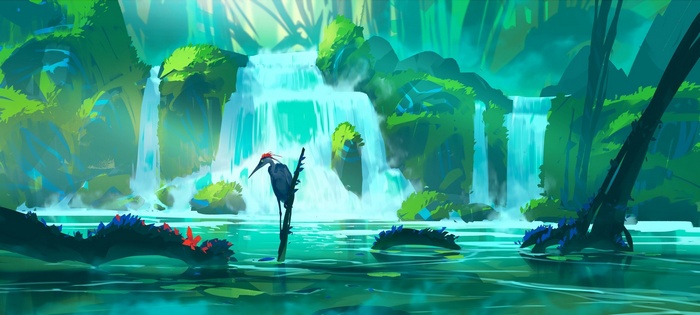 Fantasy art of a bird near a waterfall