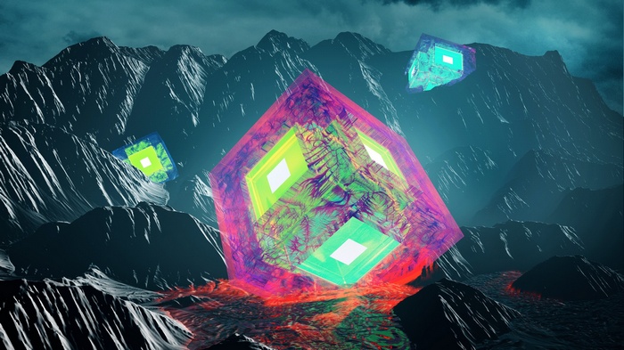 Abstract geometric shapes floating over rocky terrain