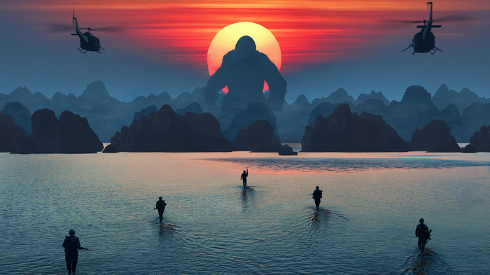 King Kong in front of a sunset with helicopters and soldiers
