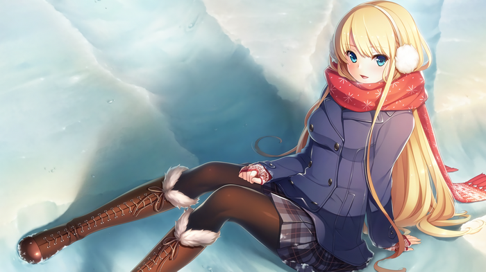 Anime girl with blonde hair and blue eyes in winter clothes