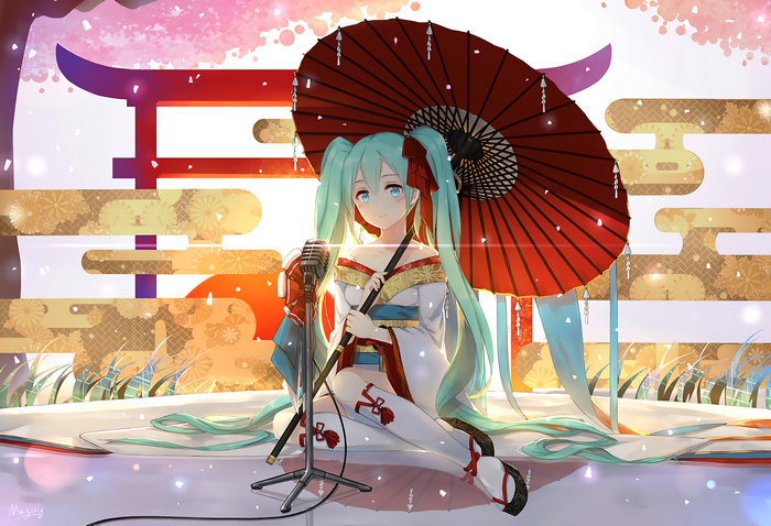 Hatsune Miku in Kimono with Umbrella and Microphone