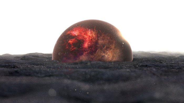 Galaxy inside a planet on a dark surface