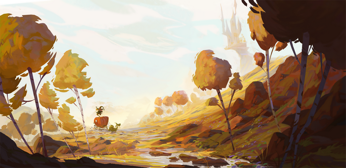 Fantasy art of a girl in a pumpkin carriage