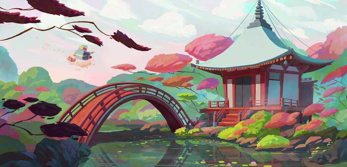 Fantasy art illustration of a Japanese garden with a temple and bridge