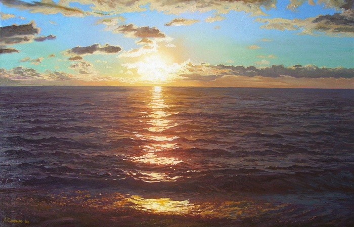 Painting of a sunset over the ocean with waves