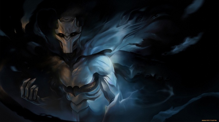Dark fantasy creature with a mask and flowing cloak
