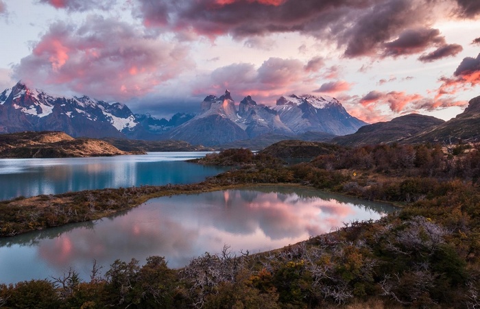 Torres del Paine National Park landscape with lake and mountains
