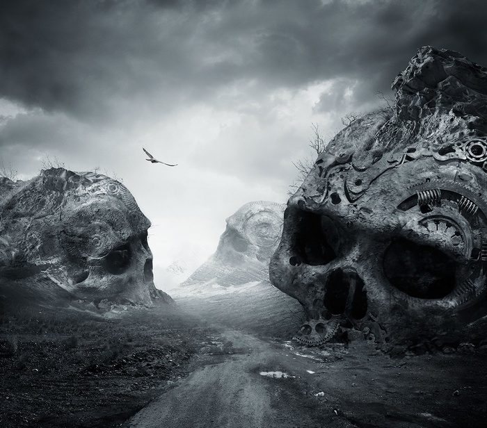 Monochrome landscape with skull-shaped mountains and a bird