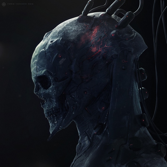 Cyborg skull with wires and red lights