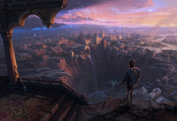 Man overlooking a city with a giant sinkhole during a lightning storm