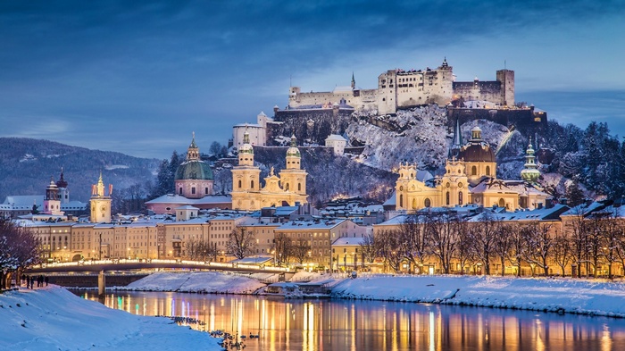 Salzburg skyline with Hohensalzburg Fortress in winter