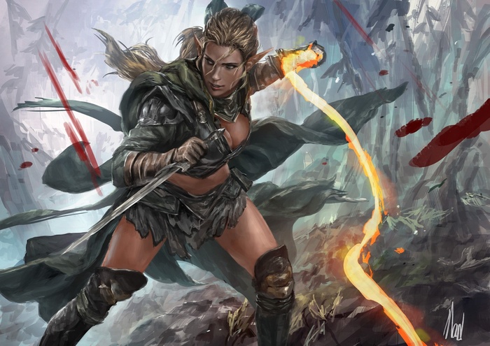 Elf warrior with knife and magic in forest