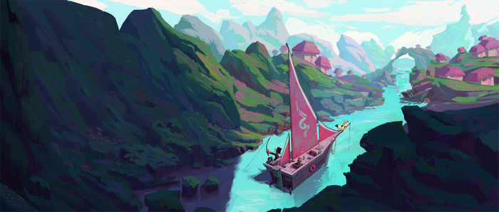 Sailboat navigating a river valley with villages
