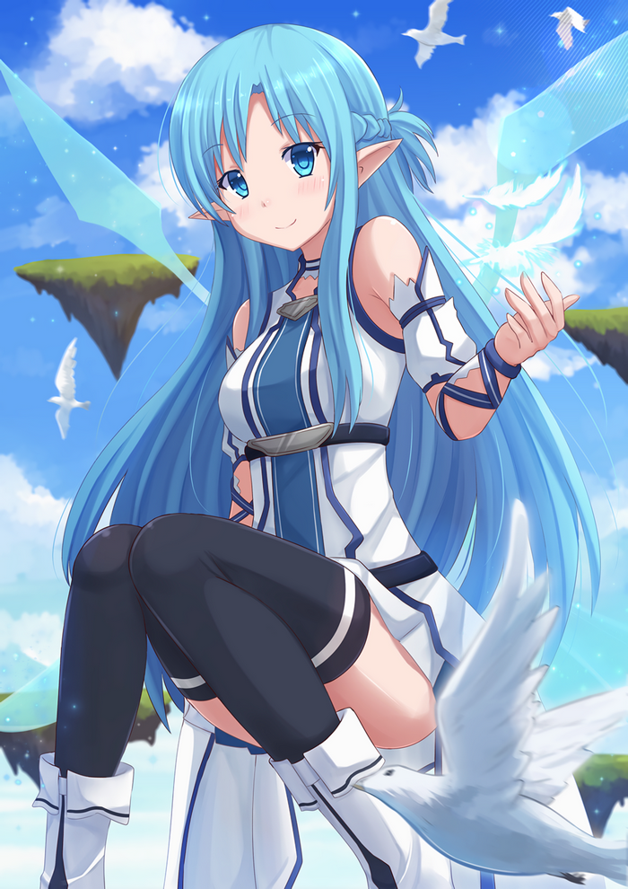 anime girls, blue eyes, long hair, elves, Yuuki Asuna, stockings, Sword Art Online, blue hair, anime