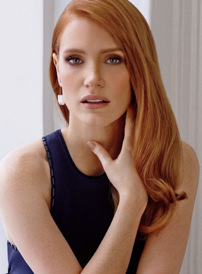 Jessica Chastain with red hair and green eyes