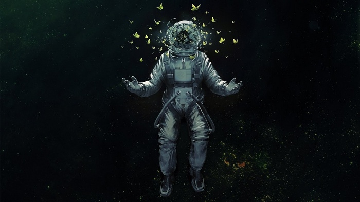 Astronaut with butterflies in helmet in space