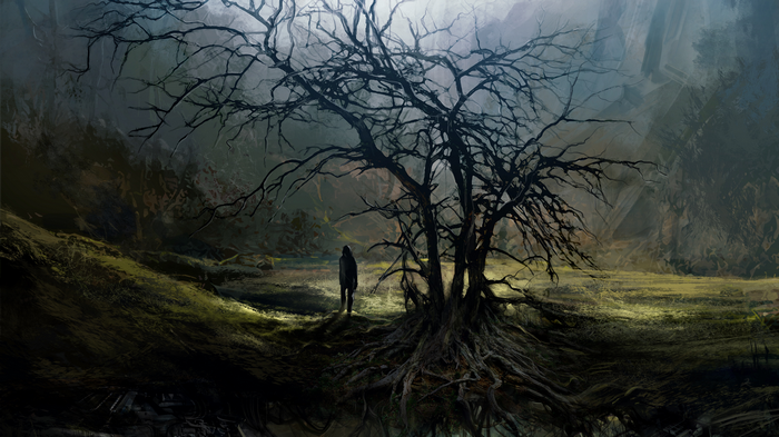 A lone figure stands before a gnarled, dead tree