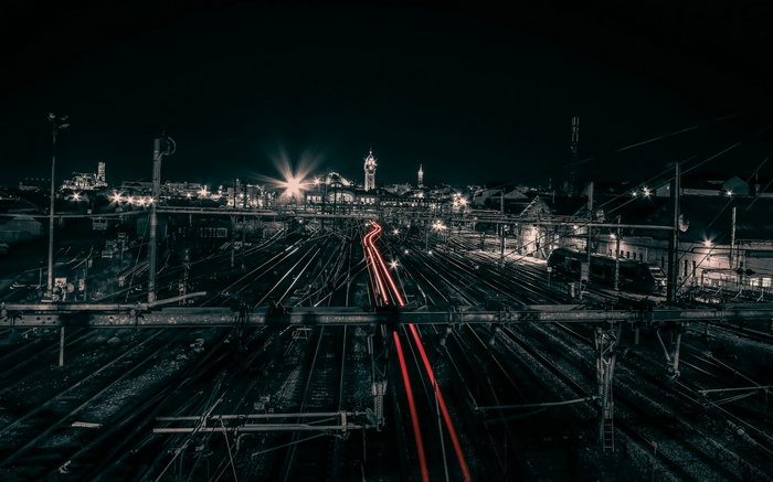 Limoges train station at night with light trails