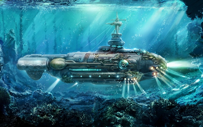 Fantasy submarine Nautilus underwater
