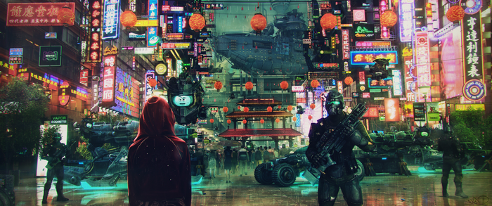 Cyberpunk soldier in a neon-lit Asian cityscape