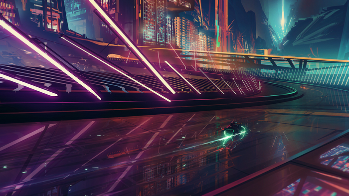 Futuristic cyberpunk cityscape with racing vehicles