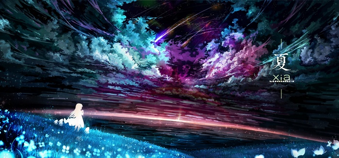 Anime girl watching shooting stars in a colorful night sky
