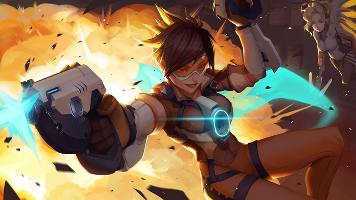 Tracer and Mercy from Overwatch in battle