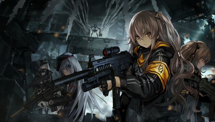 Anime girls with guns in a war-torn city