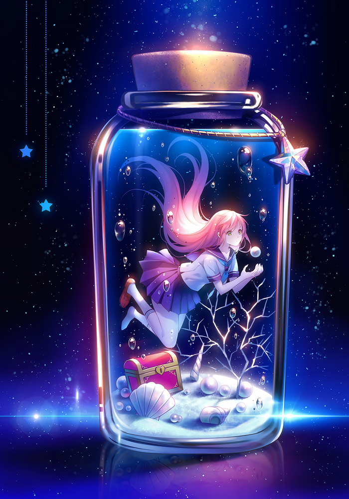 Anime girl with pink hair in a bottle