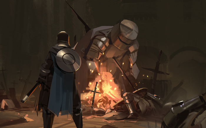Knights around a bonfire in Dark Souls III