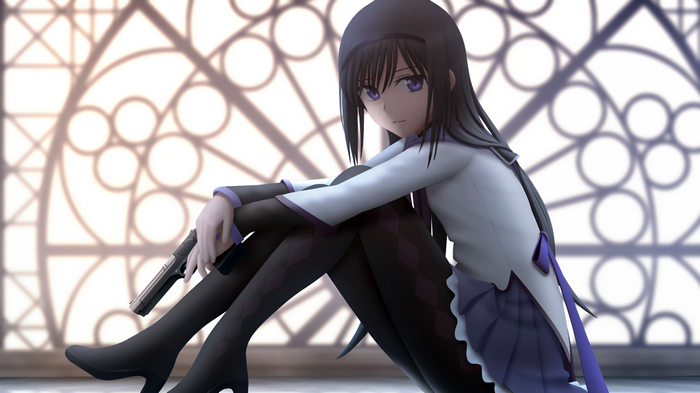 Akemi Homura from Mahou Shoujo Madoka Magica with gun