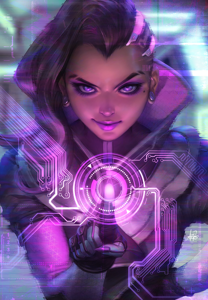 Sombra from Overwatch holding a holographic interface