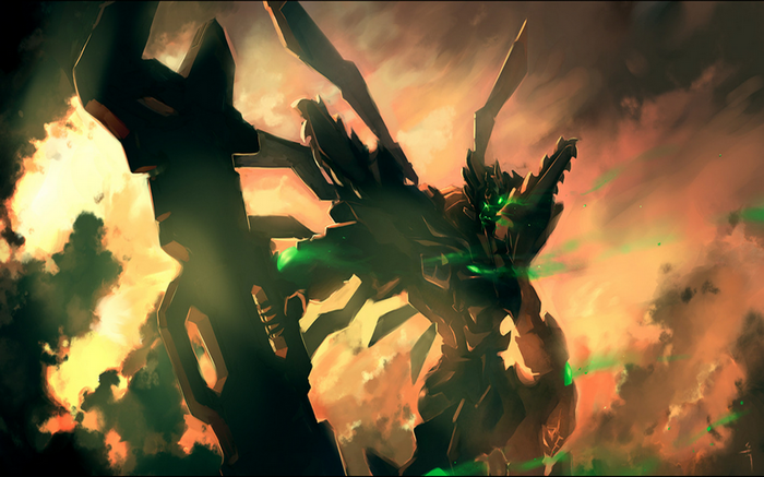 Mech warrior with glowing green eyes in fiery sky