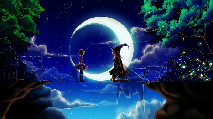 stars, anime girls, sky, fantasy art, anime, night, Moon