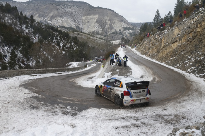 Sébastien Ogier's VW Polo WRC on a snowy mountain pass