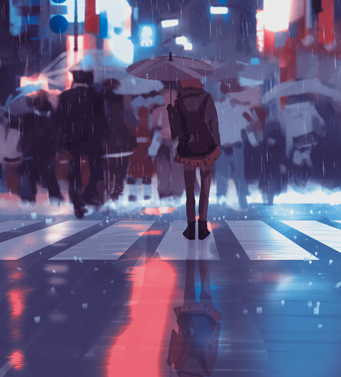 Anime girl with umbrella in the rain at night