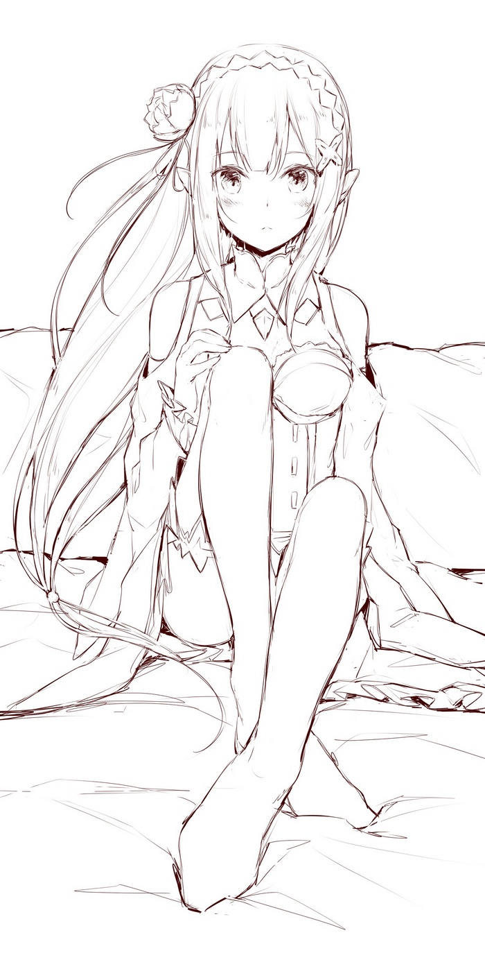 Emilia from Re:Zero sitting on a couch