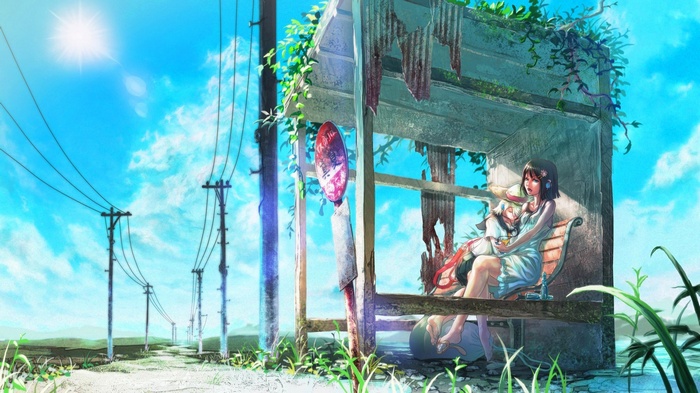 Anime girls at a bus station under the sun