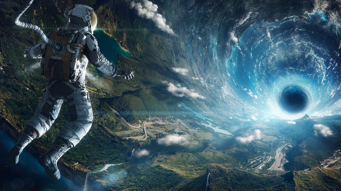 Astronaut floating near a black hole and a planet