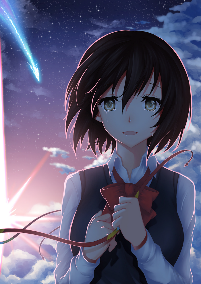 Mitsuha Miyamizu crying under a starry sky