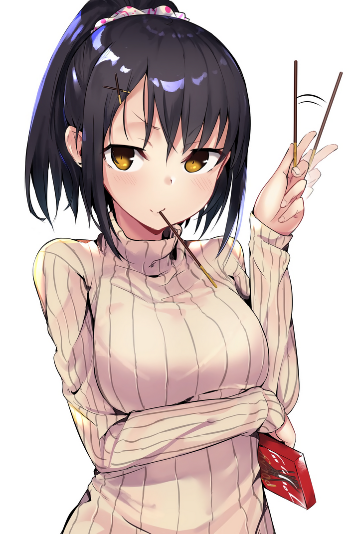 Anime girl with black hair eating Pocky
