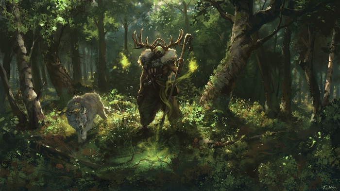 Sorcerer with antlers and wolf in a magical forest