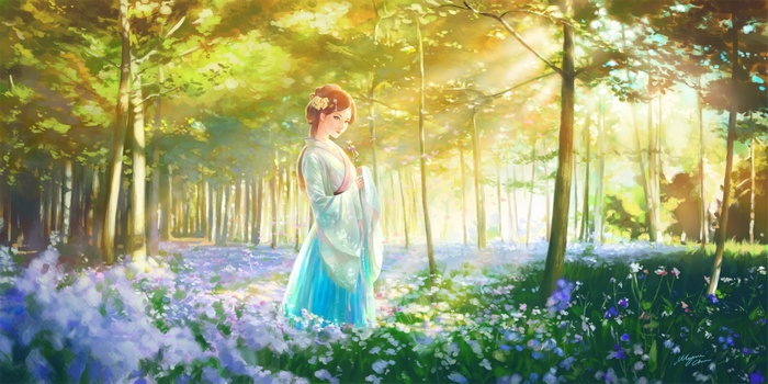 Anime girl in a blue dress in a sunlit forest