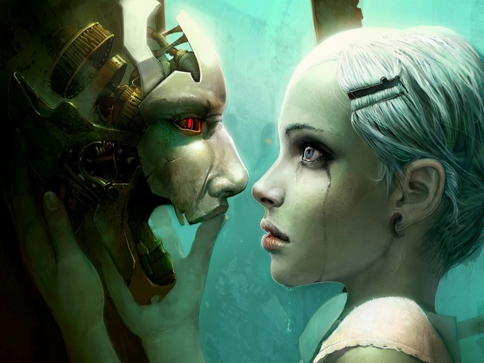 Girl with tears and a mechanical being