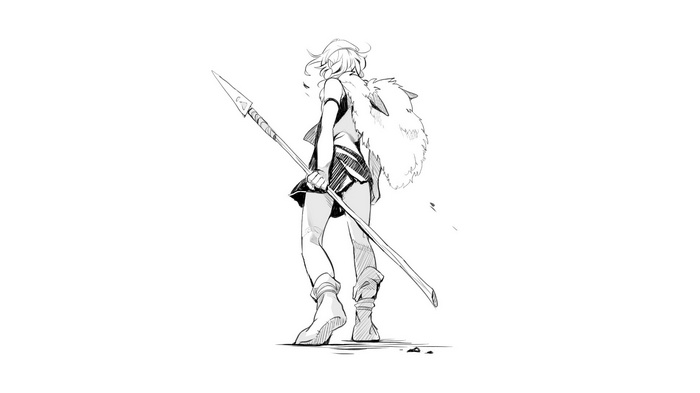 Anime girl with spear and fur backpack