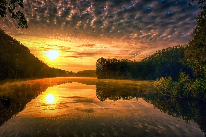 Sunrise over a misty lake with trees