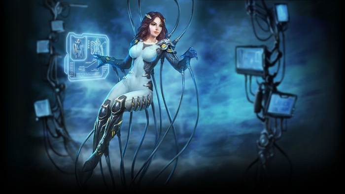 Woman in futuristic suit connected to wires and screens