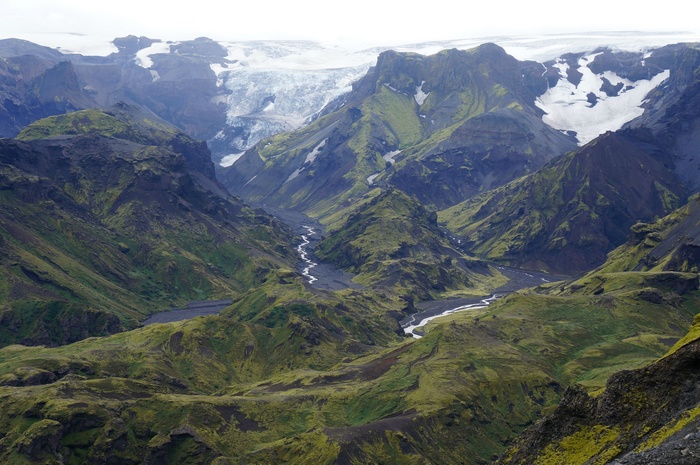 Mountain valley with river and glacier