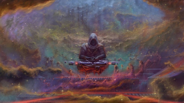 Sith meditating in space nebula